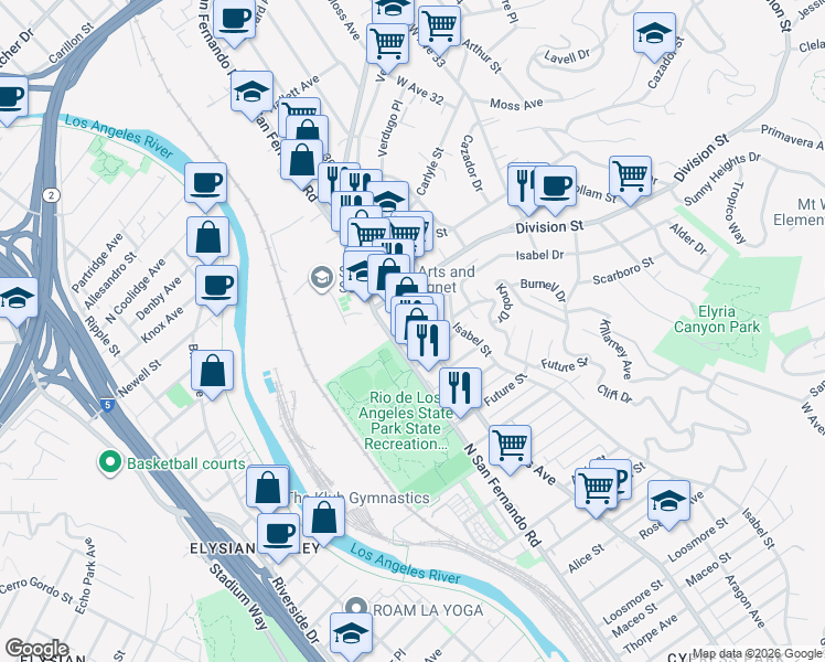 map of restaurants, bars, coffee shops, grocery stores, and more near 1927 North San Fernando Road in Los Angeles