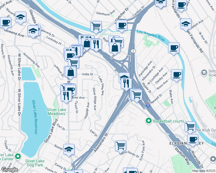 map of restaurants, bars, coffee shops, grocery stores, and more near 2430 Lake View Avenue in Los Angeles