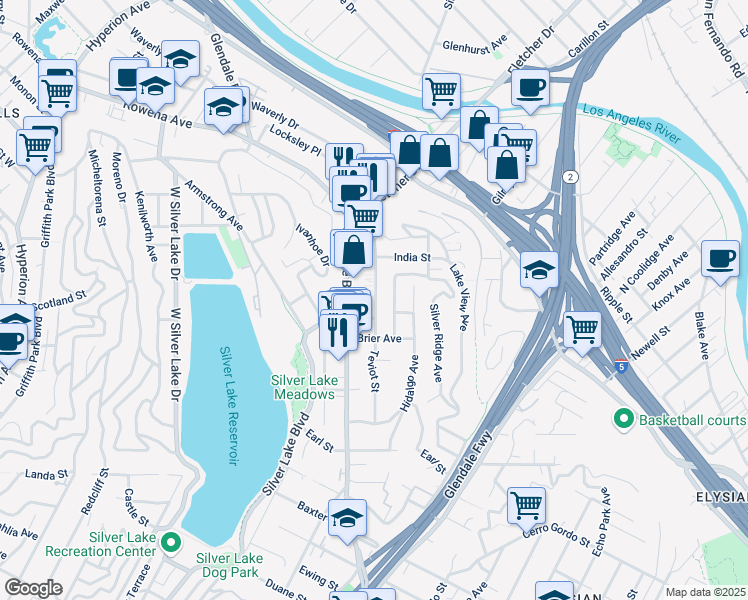 map of restaurants, bars, coffee shops, grocery stores, and more near 2421 Silver Lake Boulevard in Los Angeles