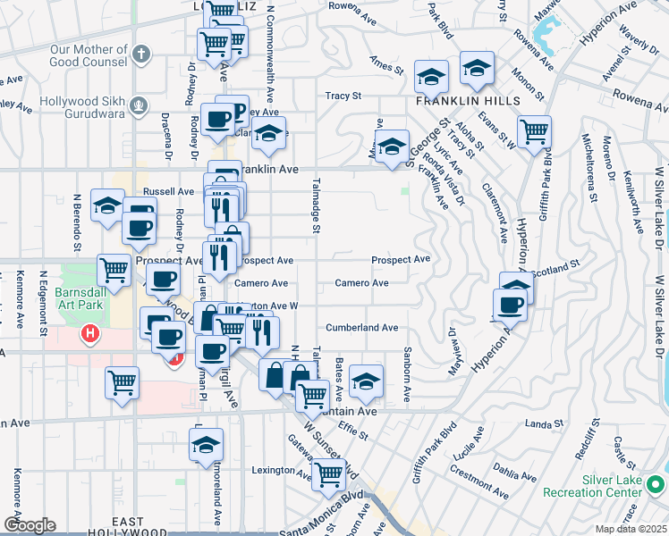 map of restaurants, bars, coffee shops, grocery stores, and more near 4215 Camero Avenue in Los Angeles
