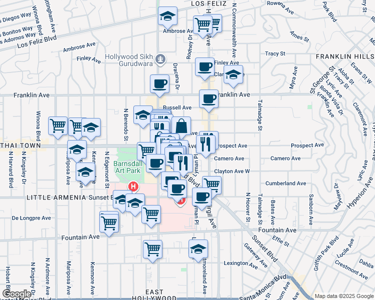 map of restaurants, bars, coffee shops, grocery stores, and more near 1645 Rodney Drive in Los Angeles