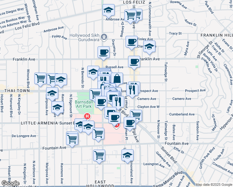 map of restaurants, bars, coffee shops, grocery stores, and more near 1645 Rodney Drive in Los Angeles