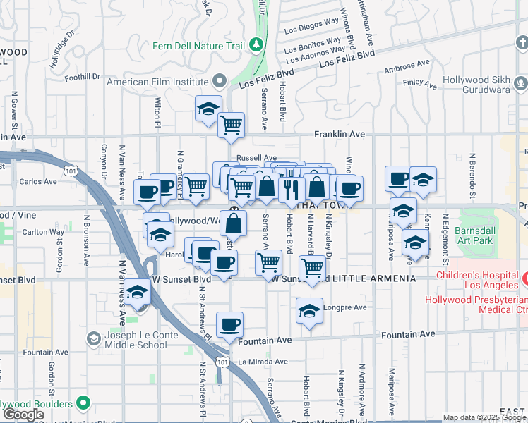 map of restaurants, bars, coffee shops, grocery stores, and more near 1635 North Hobart Boulevard in Los Angeles