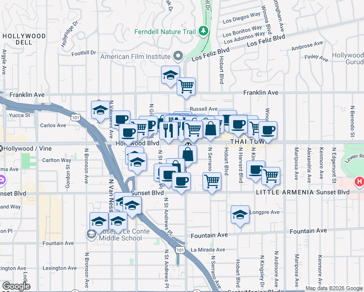 map of restaurants, bars, coffee shops, grocery stores, and more near 5508 Hollywood Boulevard in Los Angeles