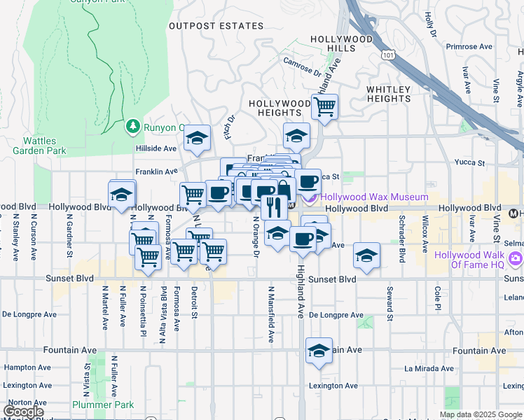 map of restaurants, bars, coffee shops, grocery stores, and more near 6925 Hollywood Boulevard in Los Angeles