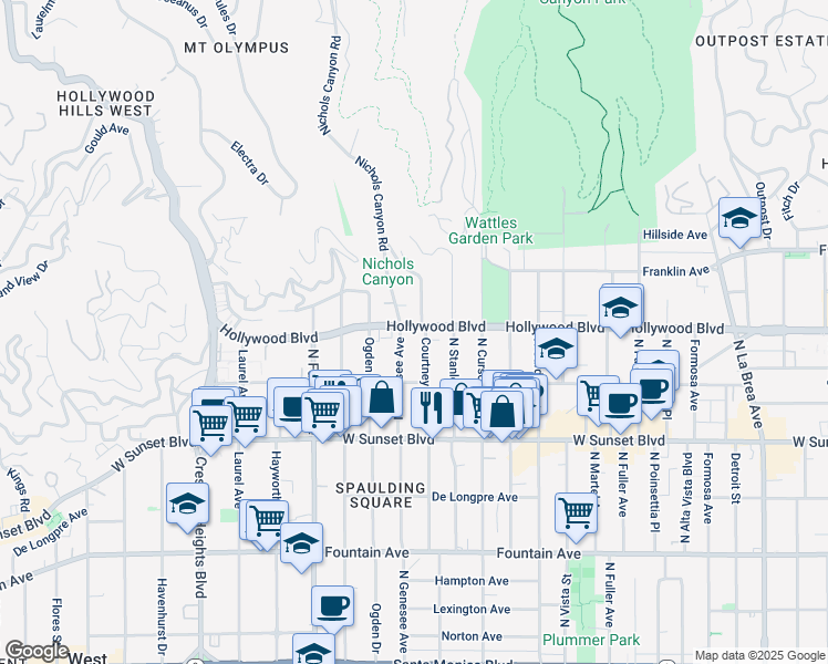 map of restaurants, bars, coffee shops, grocery stores, and more near 1635 Courtney Avenue in Los Angeles