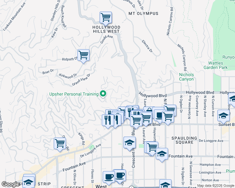 map of restaurants, bars, coffee shops, grocery stores, and more near 1636 North Crescent Heights Boulevard in Los Angeles