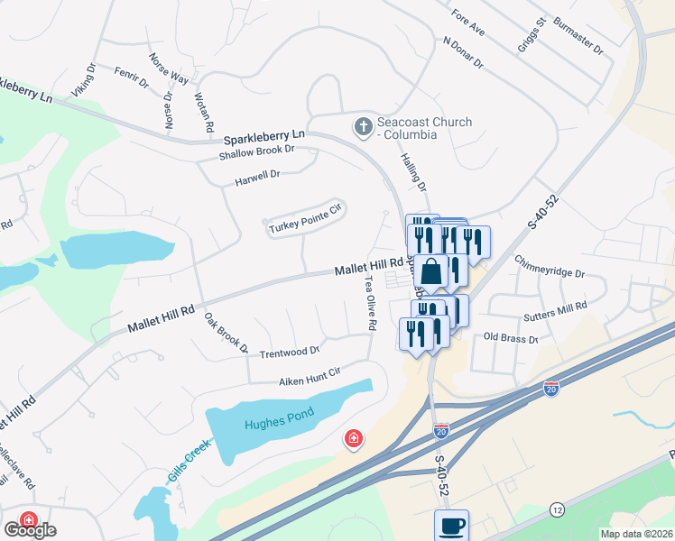 map of restaurants, bars, coffee shops, grocery stores, and more near 25 Mallet Hill Road in Columbia