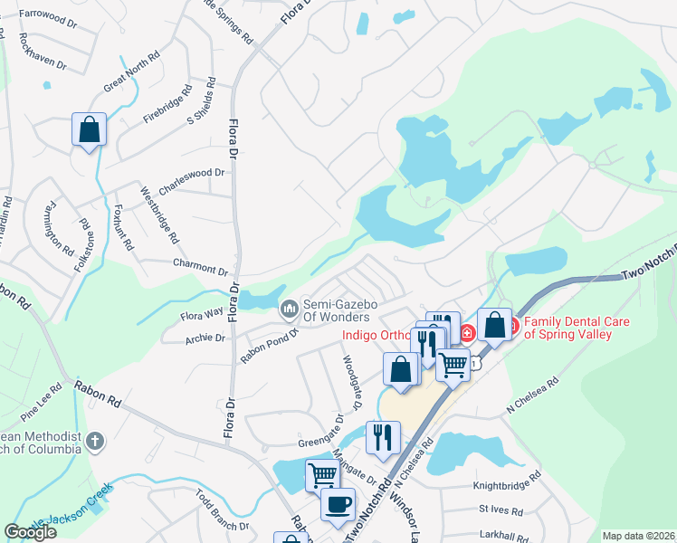 map of restaurants, bars, coffee shops, grocery stores, and more near 764 Blazing Star Trail in Columbia