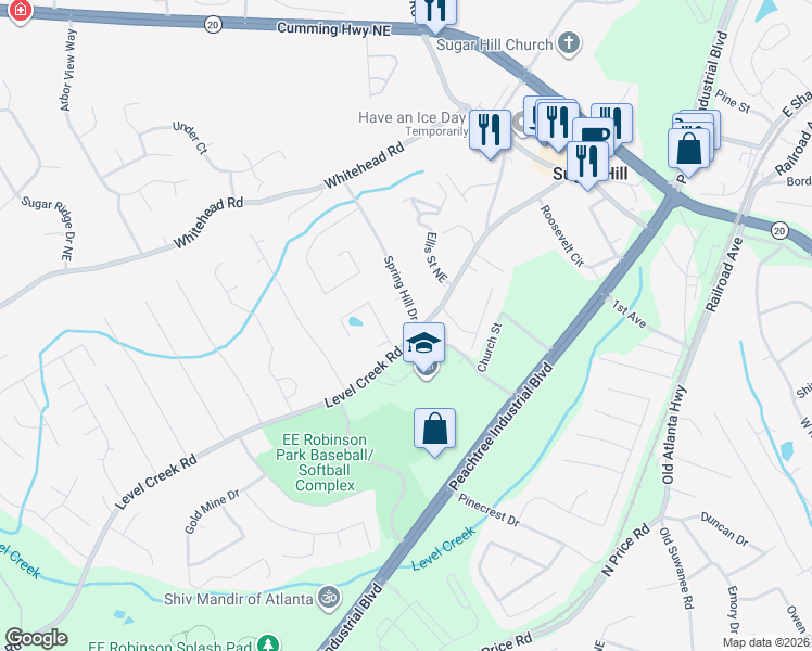 map of restaurants, bars, coffee shops, grocery stores, and more near 966 Level Creek Road in Buford