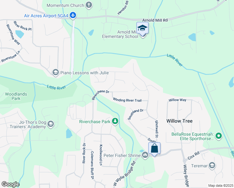 map of restaurants, bars, coffee shops, grocery stores, and more near 196 Riverchase Drive in Woodstock