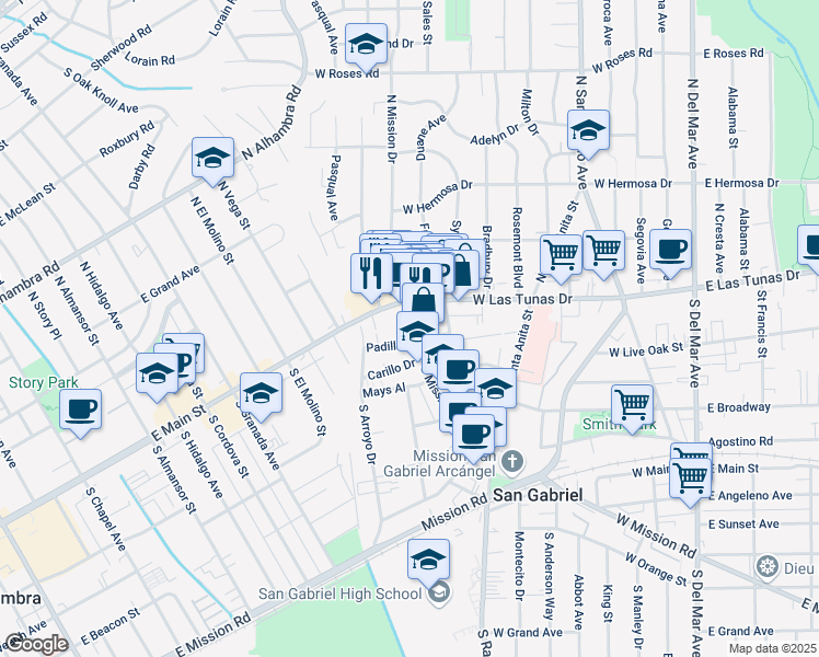 map of restaurants, bars, coffee shops, grocery stores, and more near 821 Padilla Street in San Gabriel