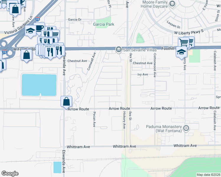 map of restaurants, bars, coffee shops, grocery stores, and more near 13196 Flagstaff Drive in Rancho Cucamonga