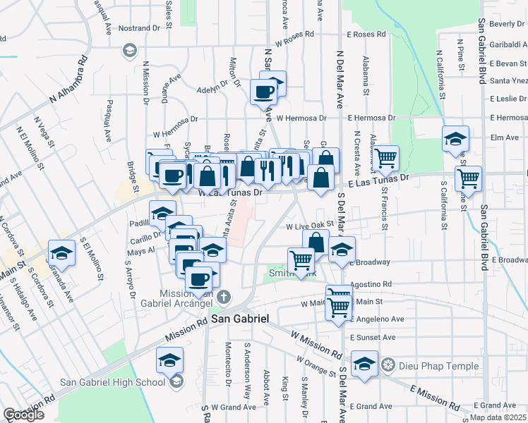 map of restaurants, bars, coffee shops, grocery stores, and more near 120 de Anza Street in San Gabriel