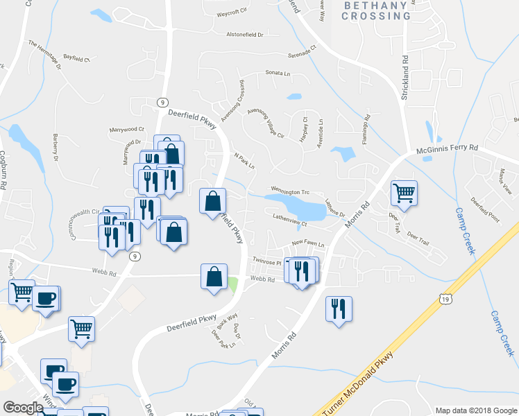 map of restaurants, bars, coffee shops, grocery stores, and more near 3345 Lathenview Court in Alpharetta