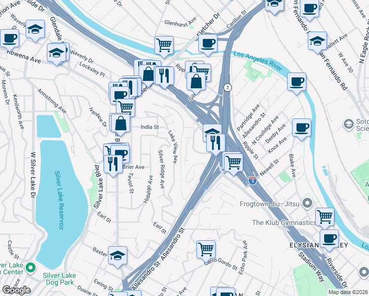 map of restaurants, bars, coffee shops, grocery stores, and more near 2430 Lake View Avenue in Los Angeles
