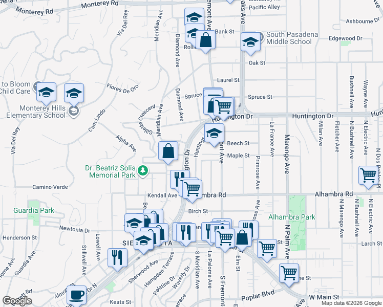 map of restaurants, bars, coffee shops, grocery stores, and more near 1205 Huntington Drive in South Pasadena