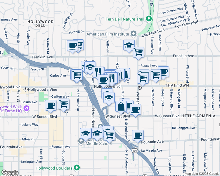 map of restaurants, bars, coffee shops, grocery stores, and more near 5705 Carlton Way in Los Angeles