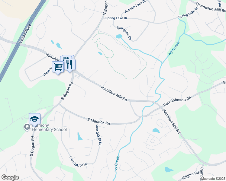 map of restaurants, bars, coffee shops, grocery stores, and more near 3939 Hamilton Mill Road in Buford