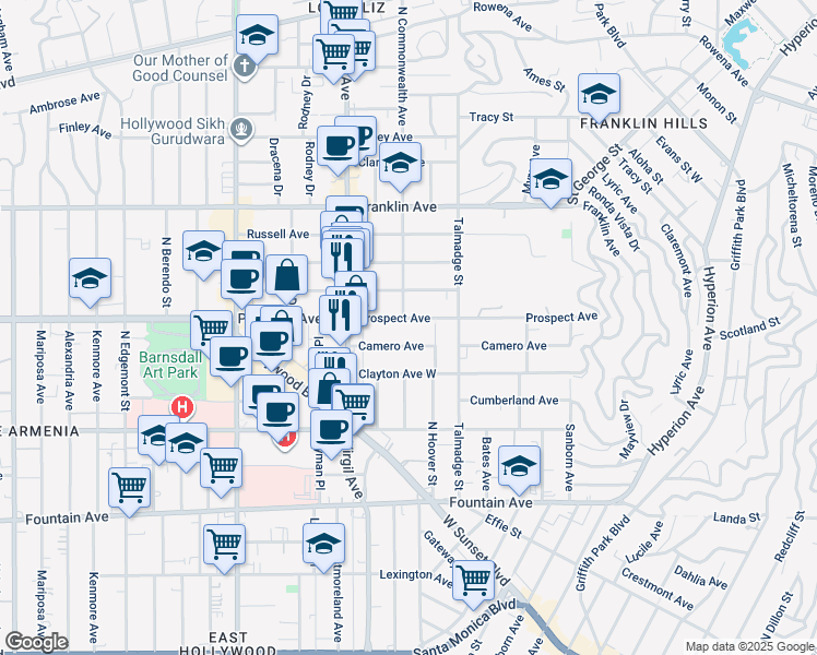 map of restaurants, bars, coffee shops, grocery stores, and more near 4360 Prospect Avenue in Los Angeles