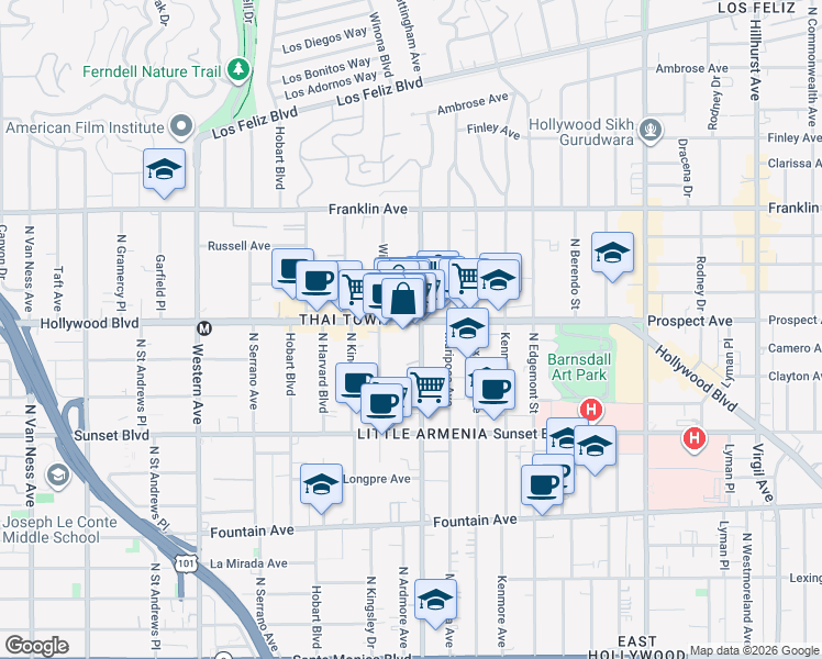 map of restaurants, bars, coffee shops, grocery stores, and more near 5106 Hollywood Boulevard in Los Angeles