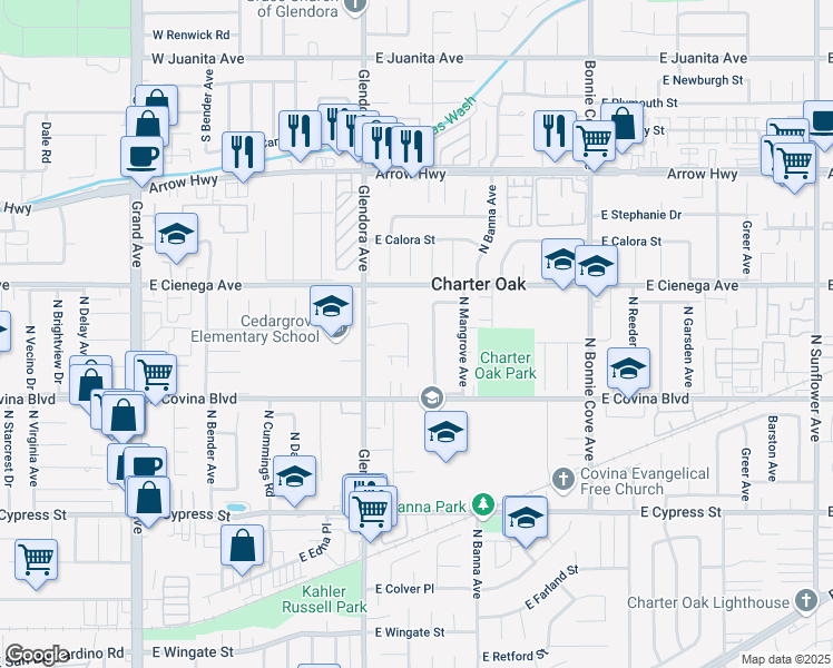 map of restaurants, bars, coffee shops, grocery stores, and more near 1169 North Ivescrest Avenue in Covina