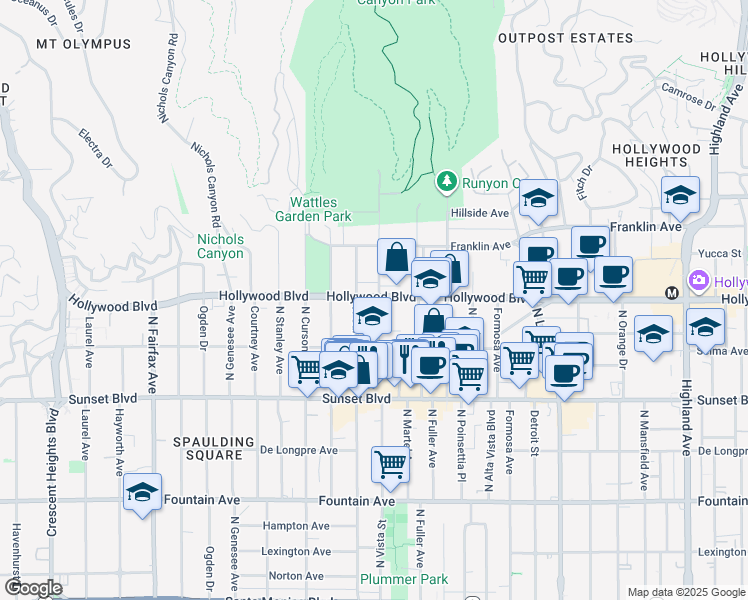 map of restaurants, bars, coffee shops, grocery stores, and more near 1636 North Vista Street in Los Angeles