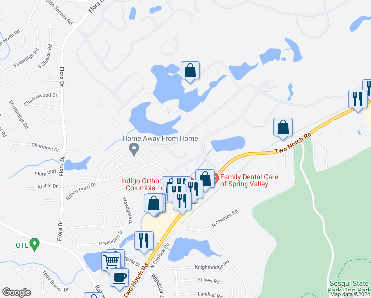 map of restaurants, bars, coffee shops, grocery stores, and more near 128 Southlake Court in Columbia