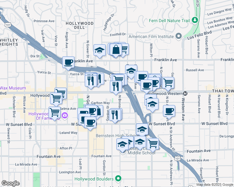 map of restaurants, bars, coffee shops, grocery stores, and more near 5900 Hollywood Boulevard in Los Angeles