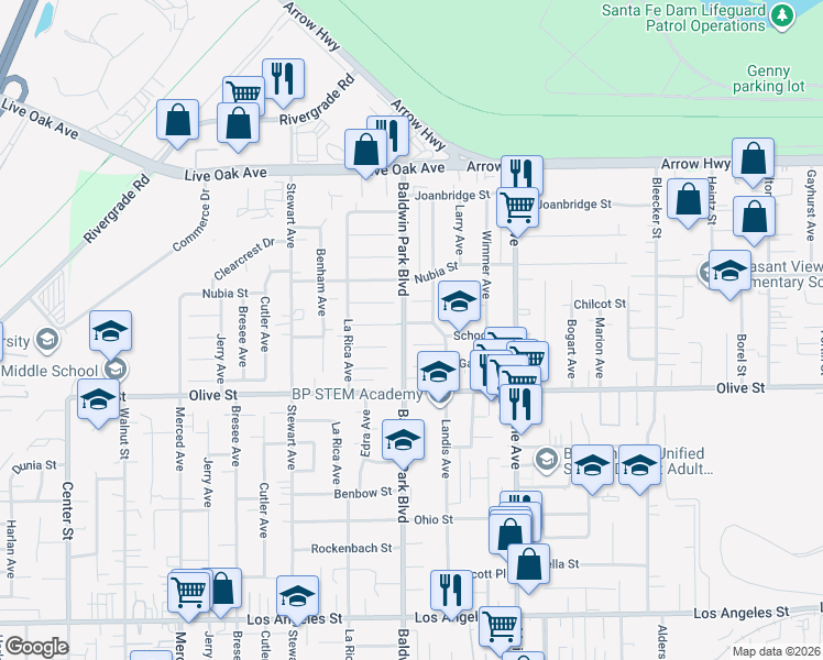 map of restaurants, bars, coffee shops, grocery stores, and more near 14210 Anada Street in Baldwin Park