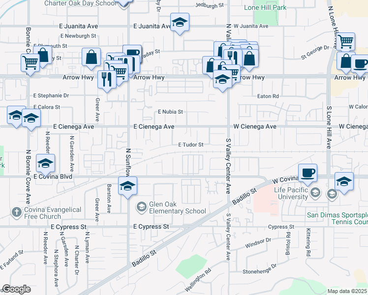 map of restaurants, bars, coffee shops, grocery stores, and more near 21226 East Tudor Street in Covina