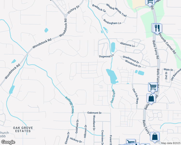 map of restaurants, bars, coffee shops, grocery stores, and more near 528 Aberdeen Meadow Lane in Acworth