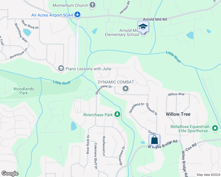 map of restaurants, bars, coffee shops, grocery stores, and more near 190 Riverchase Drive in Woodstock