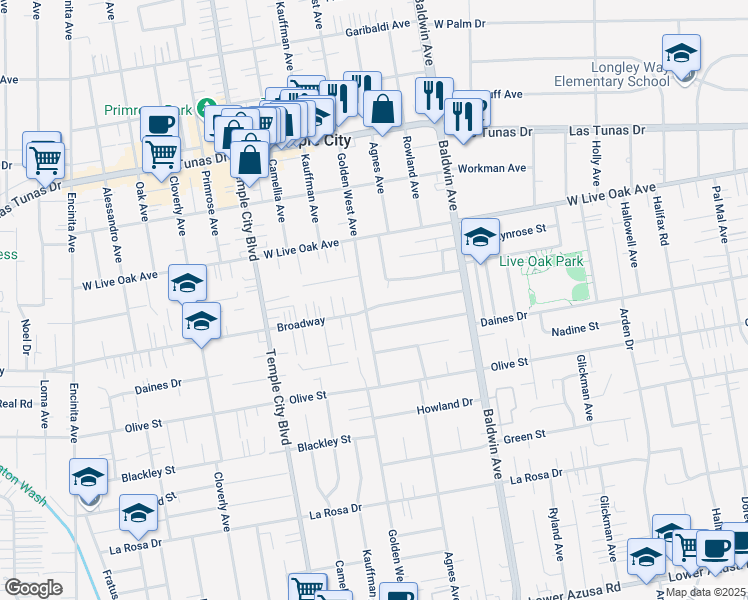 map of restaurants, bars, coffee shops, grocery stores, and more near 9811 Broadway in Temple City