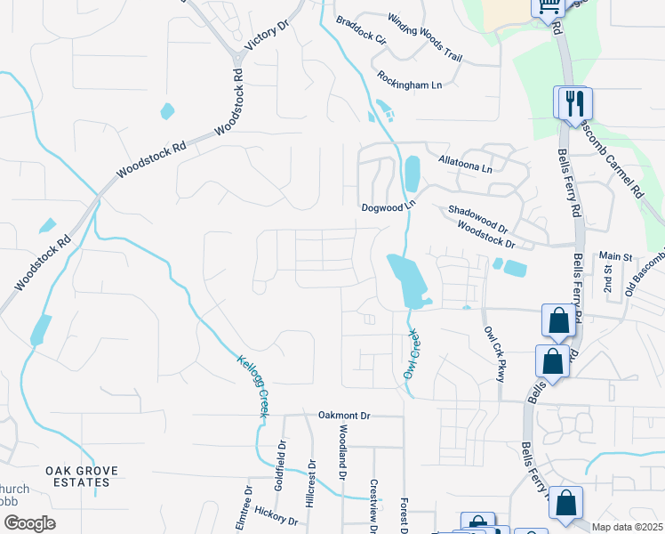 map of restaurants, bars, coffee shops, grocery stores, and more near 524 Aberdeen Meadow Lane in Acworth