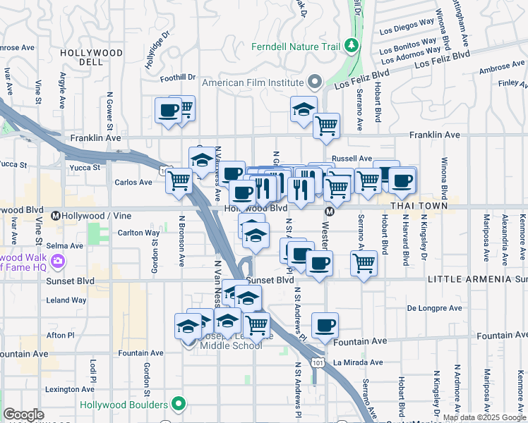 map of restaurants, bars, coffee shops, grocery stores, and more near 5633 Carlton Way in Los Angeles