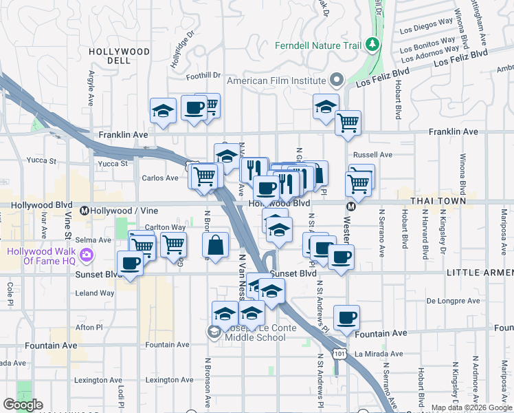 map of restaurants, bars, coffee shops, grocery stores, and more near 5750 Hollywood Boulevard in Los Angeles