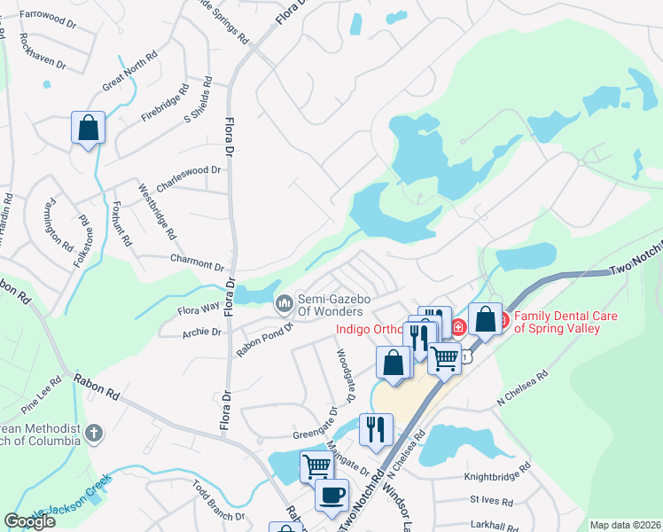 map of restaurants, bars, coffee shops, grocery stores, and more near 764 Blazing Star Trail in Columbia