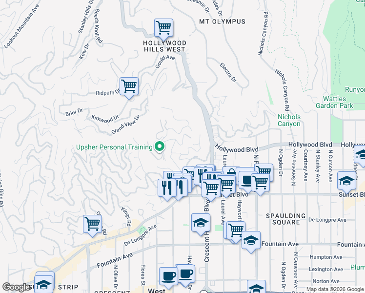 map of restaurants, bars, coffee shops, grocery stores, and more near 1636 North Crescent Heights Boulevard in Los Angeles