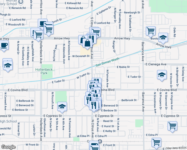 map of restaurants, bars, coffee shops, grocery stores, and more near 1185 Orchard Drive in Covina