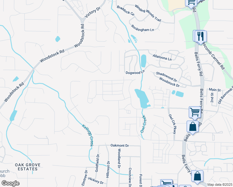 map of restaurants, bars, coffee shops, grocery stores, and more near 520 Aberdeen Meadow Lane in Acworth
