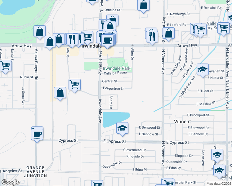 map of restaurants, bars, coffee shops, grocery stores, and more near 16067 Martinez Street in Irwindale