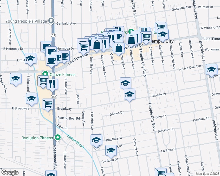 map of restaurants, bars, coffee shops, grocery stores, and more near 5552 Alessandro Avenue in Temple City
