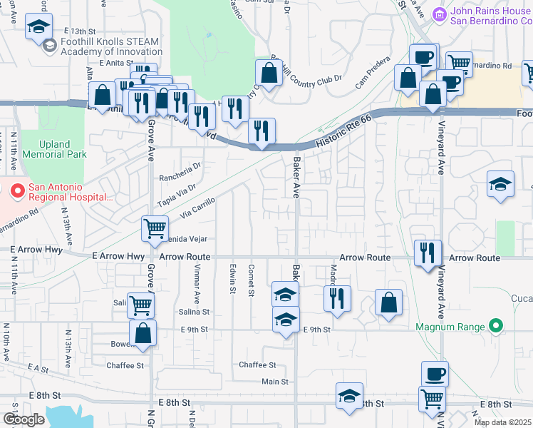 map of restaurants, bars, coffee shops, grocery stores, and more near 8354 Gabriel Drive in Rancho Cucamonga