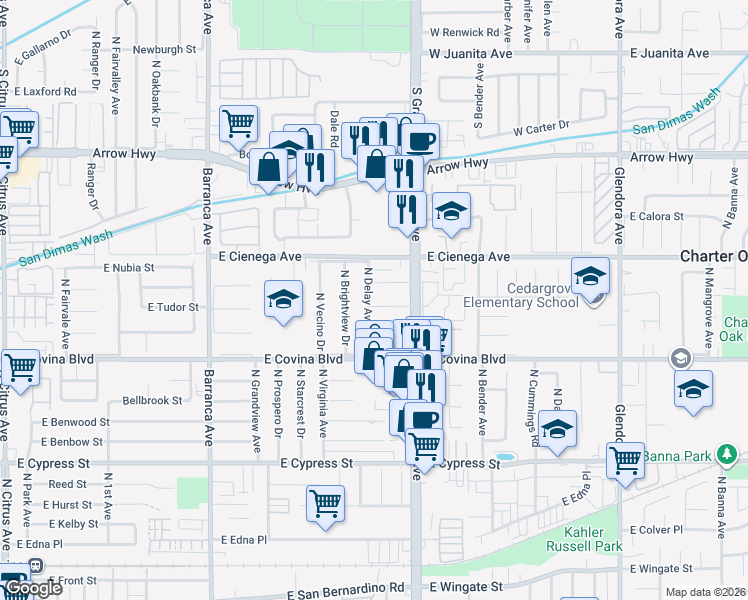 map of restaurants, bars, coffee shops, grocery stores, and more near 19303 East Tudor Street in Covina
