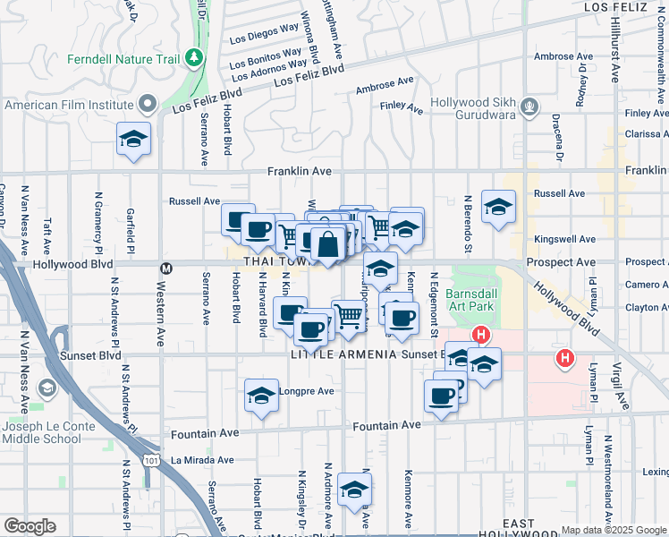 map of restaurants, bars, coffee shops, grocery stores, and more near 5106 Hollywood Boulevard in Los Angeles
