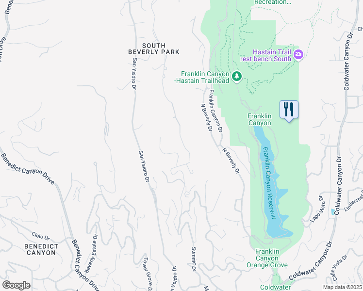 map of restaurants, bars, coffee shops, grocery stores, and more near 1705 Summitridge Drive in Beverly Hills