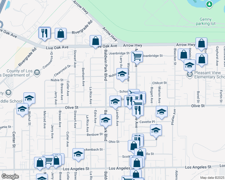 map of restaurants, bars, coffee shops, grocery stores, and more near 14210 Anada Street in Baldwin Park
