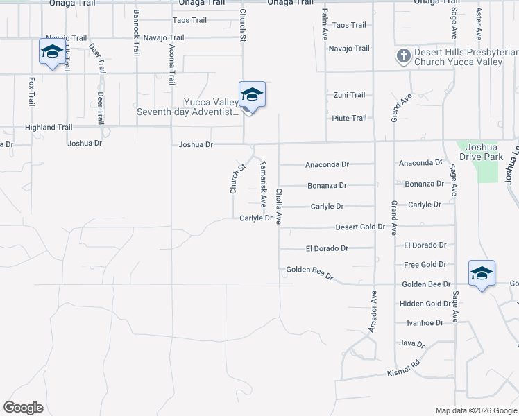 map of restaurants, bars, coffee shops, grocery stores, and more near 56363 Tamarisk Place in Yucca Valley