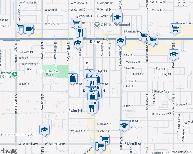 map of restaurants, bars, coffee shops, grocery stores, and more near 125 North Riverside Avenue in Rialto